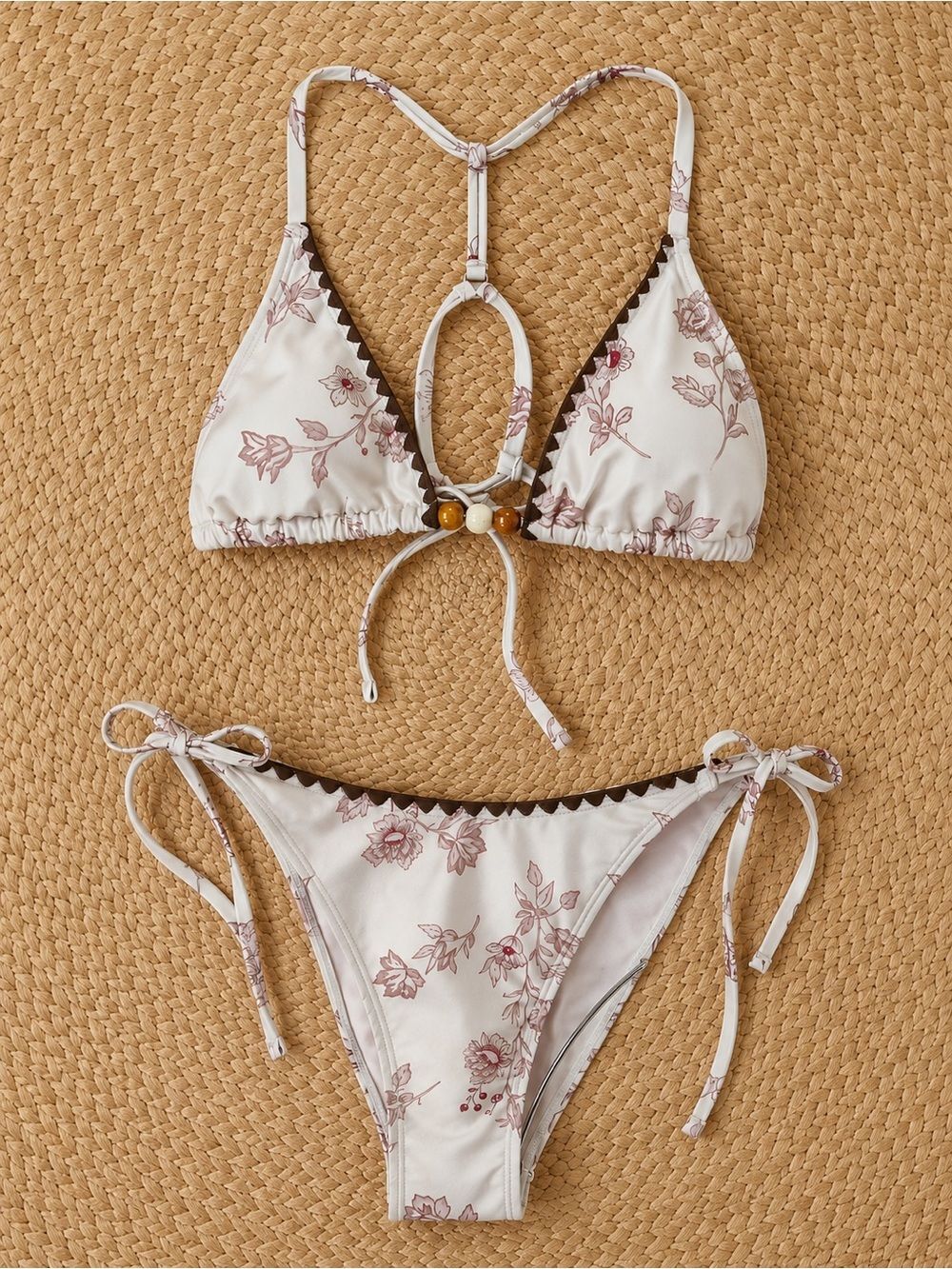 NWT CUPSHE Antique Petals Boho Floral Bikini Set Small Ivory Tie Side Swimwear